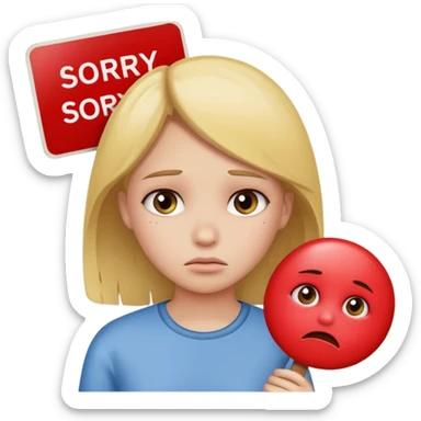 a girl with a sad face holding a sign that says sorry  sticker