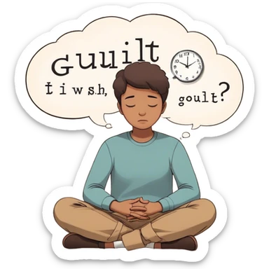 A person sits with their hands gently resting on their lap, eyes closed, exhaling slowly. Above them, a swirling thought bubble holds the words guilt and discomfort, but they don’t push it away—they just sit with it. In the background, a clock ticks softly, symbolizing the pause before responding. = sticker