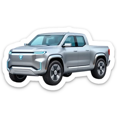 A futuristic electric pickup truck emoji, silver chrome body, angular cyber design, smooth metallic panels, subtle reflections, minimalistic proportions, iOS emoji style, centered composition, clean white background, soft lighting sticker