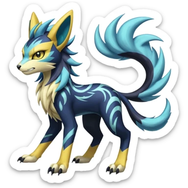 Feral Scaly Striking Slaying Badass Evil Handsome Lightning-patterned Zig-zagged buzzy fuzzy Meloetta-Renamon-Zeraora-Luxray-Cobalion-Suicune-Vernid-fusion-hybrid-creature, full body  sticker