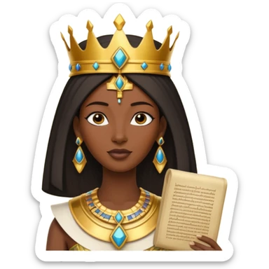 A graceful pharaoh queen wearing a tall crown, elegant posture, and holding a small sacred scroll.
 sticker