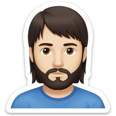 Caucasian Argentine man with long straight dark brown hair, loose hairstyle with bangs, shoulder-length hair, short full beard, serious-neutral expression, basic blue t-shirt sticker