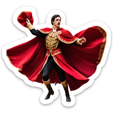 ​Cinematic Realistic Spanish Matador Holding a Red Cape, depicted in mid-action with a vibrant red cape flowing in the wind, dressed in an ornate traje de luces with shimmering details, confronting a charging bull in a dramatic arena, rendered with dynamic motion blur and vivid, high-contrast lighting, sticker