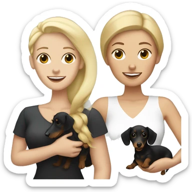 Blonde white woman and Brunette white woman holding black and tan dachshund sticker