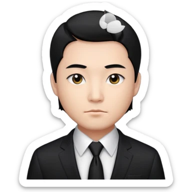 Chinese man, black hair, dark eyes, wearing a designer black suit sticker