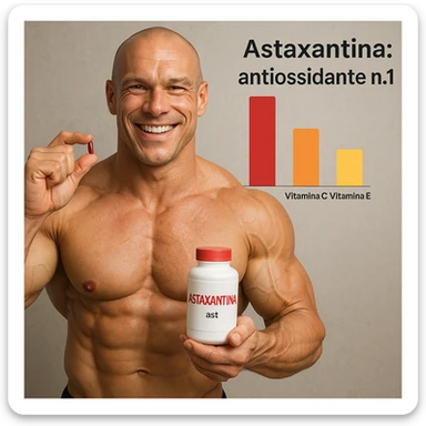 hyper realistic bodybuilder smiling showing Astaxantina, vitamin C and vitamin E, defined muscles, bar chart, text 'Astaxantina: antiossidante n.1', positive atmosphere sticker