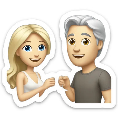A white woman, she has brown eyes and blond medium long hair. A white man, he has blue eyes and grey hair. They toast to each other with a glass of white wine. sticker