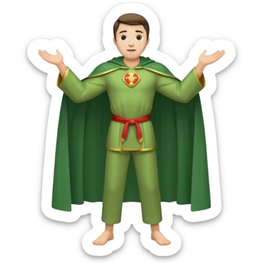 standing up healthy perfect man in simple greenish robe with cape and pants arms open sticker