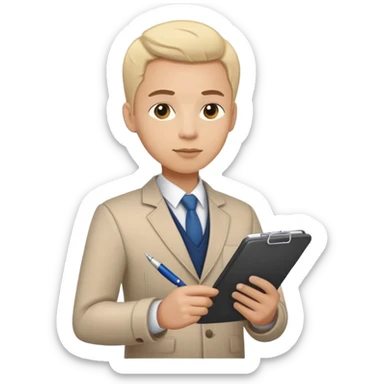 A person holding a checklist and pen is wearing smart casual clothing. The character is in a focused pose sticker