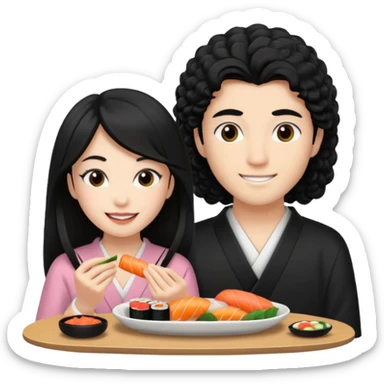 czarnowłosa ksieżniczka w dlugich wlosach je sushi z chłopakiem o czarno brązowych kręconych włosach i są zadowoleni i są nastolatkami i te włosy są lekko krecone i chłopak ma włosy do wysokosi nad brwiami sticker