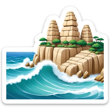Cinematic Realistic Raouche Rocks, Beirut Landmark Emoji, depicting the majestic limestone rock formations rising from the Mediterranean Sea, with waves crashing against their bases under a vibrant sky. sticker