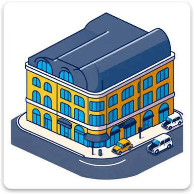 Isometric Marks & Spencer food hall building exterior with typical British architecture, covered entrance, and car park with black London taxi sticker