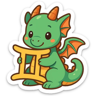 a dragon holding or interacting with the Gemini zodiac symbol, vibrant emoji style, colorful, cute, playful sticker