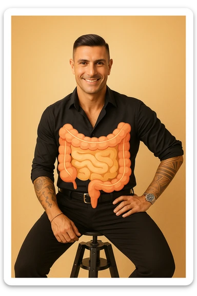 Vertical format: a relaxed and smiling man with a transparent illustration of a healthy and cared-for intestine in the abdominal area, using warm and reassuring colors. sticker