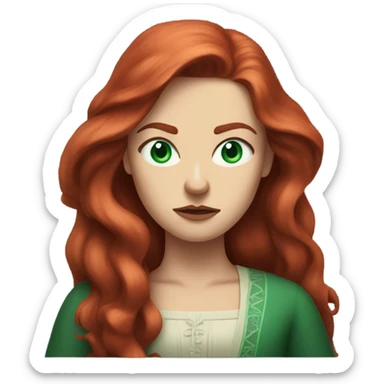 Rich woman, red long hair,  pale-skin, emerald blue-green-eyes,  scowling, glaring, angry sticker