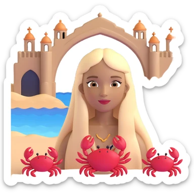 woman with long straight darker blonde hair, light brown skin, with the three iconic arches of Atalaia Beach (Aracaju-SE) in the background, and a small crab as a detail near her sticker