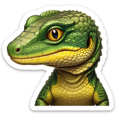 cinematic-realistic-cute-monitor-lizard-portrait-emoji,-head-tilted-playfully-and-inquisitively,-featuring-a-compact,-agile-body-with-finely-detailed,-glossy-scales-in-earthy-olive-hues-and-a-distinct,-alert-face-with-bright,-curious-eyes, black , yellow spotted and green band  scales sticker