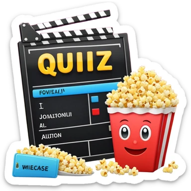 A colorful title slide for "The Emoji Movie Quiz" slideshow game with movie clapperboard, popcorn, and quiz elements arranged in presentation format sticker
