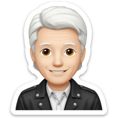 Man with white hair parted in the middle, black in color, shoulder-length, smiling, wearing a white shirt and a black jacket sticker