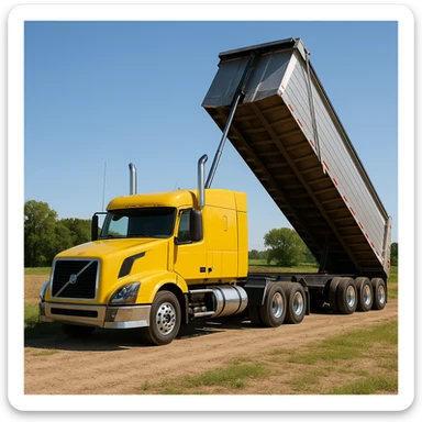 highly photorealistic Volvo yellow semi sleeper truck with a long silver end dump trailer in the raised dump position, parked in a rural country setting with fields and trees, bright daytime lighting, clear sky sticker