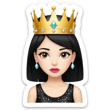 Chica con pelo negro y labios gruesos maquillada hermosa con una corona de brillos y un top negro moderno  sticker