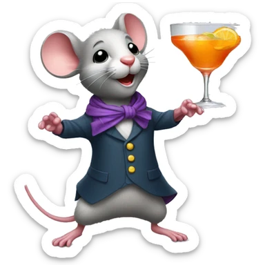 a dancing mouse with a small scarf holding a fancy cocktail sticker