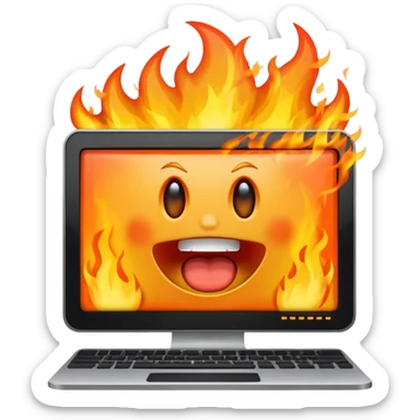a computer screaming in excitement, fire behind it sticker