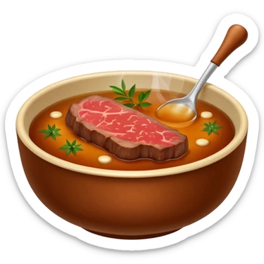 beef stock in a bowl, brown liquid, a bone and herbs visible, emoji style sticker
