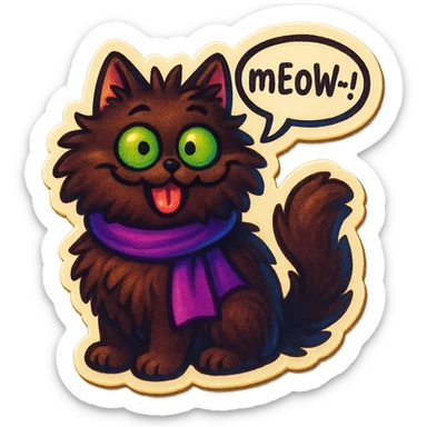 Fluffy cute derpy silly goofy funny dark-brown cat with green eyes and a purple scarf saying ‘mEoW~!’ (With a speech bubble) sticker