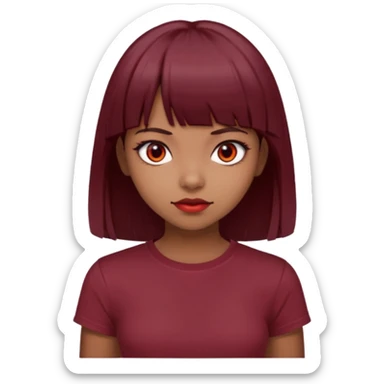 beautiful girl with dark maroon medium hair, straight bangs and red bando, red eyes and brown tshirt  sticker