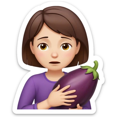 Girl with short brown hair hugging eggplant crying sticker