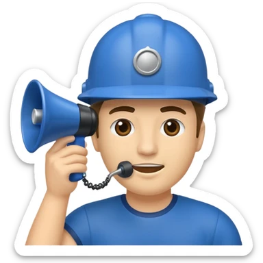 Um homem com capacete azul segurando um megafone sticker
