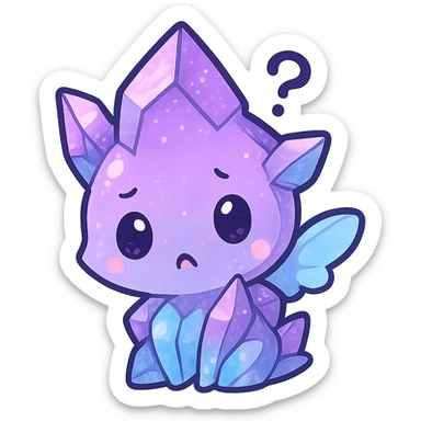 kawaii chibi style crystal sprite creature, purple, blue, and pink, with tiny magical wings, confused expression, tilted head sticker