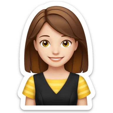 Brown haired girl in black dress with yellow stripe sticker