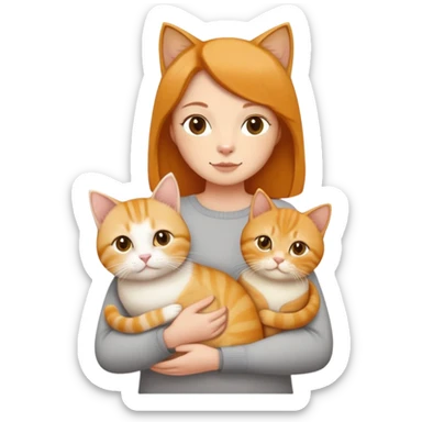 Straight short hair ear length in dark brown , skin tone honey . holding 3 cats - 1 ginger cat , 1yellow white cat , 1 cream color cat British short hair same size  sticker
