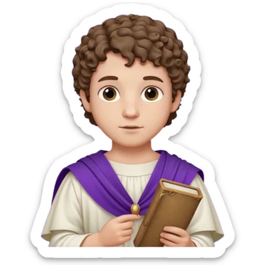 An emoji portrait of a young Roman patrician. He wears a white toga with a purple border. He has short curly hair and a dignified expression, holding a small scroll. sticker