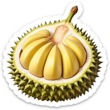 Cinematic Realistic Durian Fruit Dish Emoji, depicted as the notorious spiky fruit with a rich, custardy interior rendered with lifelike detail and bold, distinctive lighting. sticker