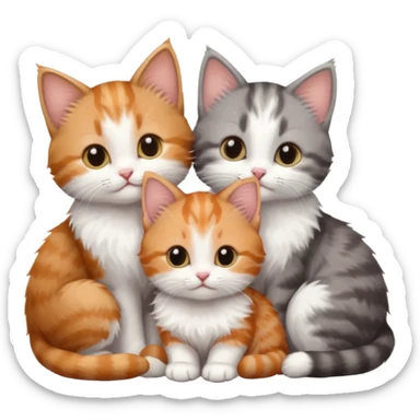 3 very small kittens cuddling together all different colours, the first one is grey and white, the second is ginger and white and the third is brown tabby and white sticker
