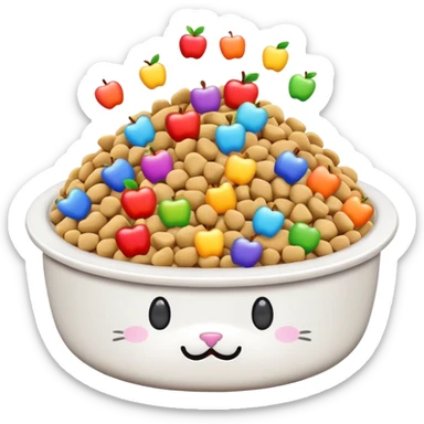 cute cat food bowl overflowing with food piled high on top, white kibble with rainbow pieces, apple emoji style sticker