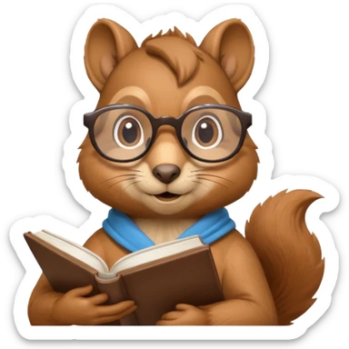 écureuil savant, pose de réflexion, tenant un livre, lunettes sticker