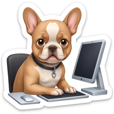 Frenchie working behind computer sticker