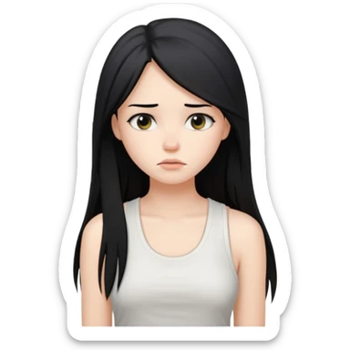 a pretty bratz fair girl with long straight black hair  with a white tank top slightly sad sticker