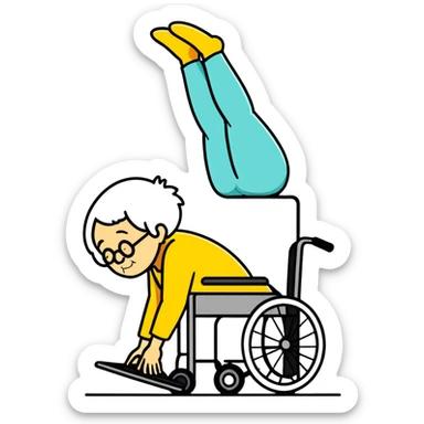 Old woman doing a headstand with a wheel chair  sticker