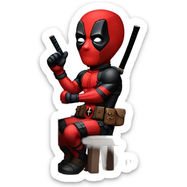 Cute Deadpool sitting at a desk, front view sticker