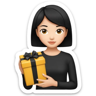 asian woman short hair tanned, holding with black present - emoji style sticker