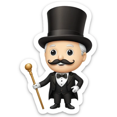 Rich Uncle Pennybags with mustache, top hat, tuxedo, and cane sticker