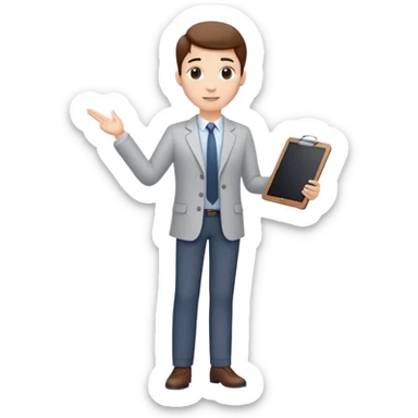 professional character standing and gesturing with one hand, while holding a clipboard or tablet in the other. The character wears smart casual business attire. Clean cartoon style, white background, iOS emoji aesthetic. sticker