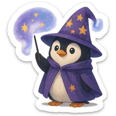 penguin wizard waving a wand wearing a purple hat with an enchanted aura sticker