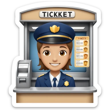 persona en taquilla de cine, vendiendo entradas, con uniforme y sonrisa sticker