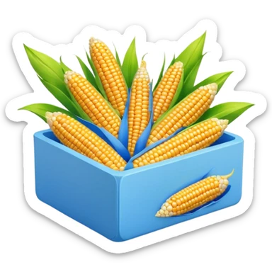 cornstarch box, yellow with blue, rounded edges, corn cob with green leaves, 'CORN STARCH' in red, smooth glossy, minimal, clean 3D, soft shadows, transparent background, emoji scale sticker